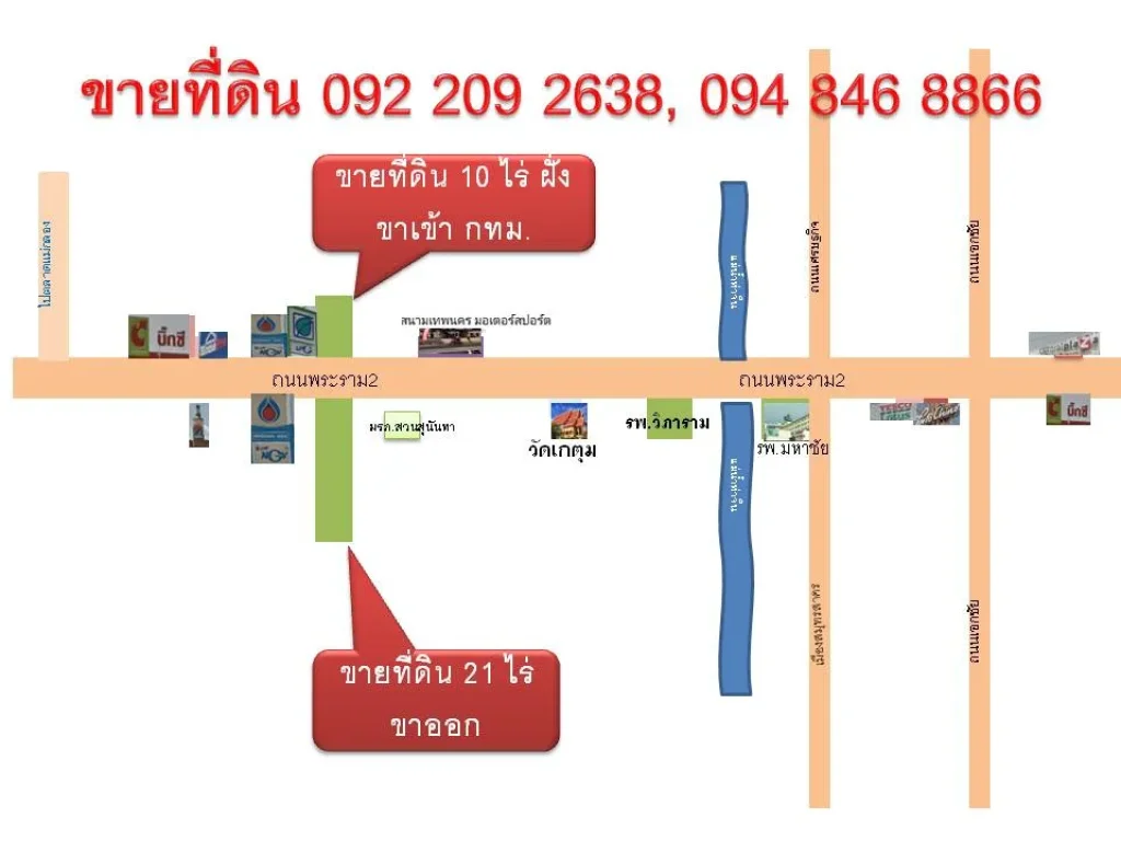 ที่ดินติดถนนพระราม2 ขาเข้า ติดปั้มน้ำมันบางจาก และ ปตท หน้ากว้างมาก ติดแหล่งความเจริญ เหมาะ ทำโชว์รูมรถยนต์ ร้านของฝาก ร้านอาหาร โรงพยาบาล โรงเรียน ธ