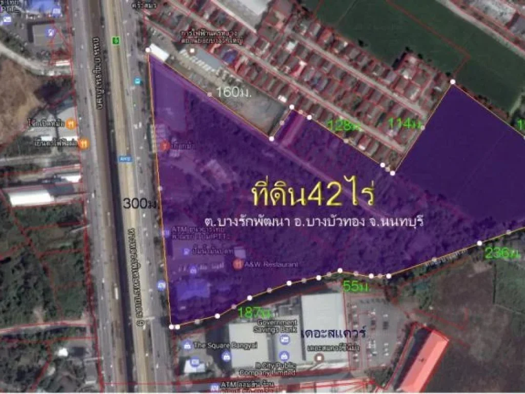 ขายที่ดิน42ไร่ หน้ากว้าง300มติดถนนกาญจนาภิเษก ตบางรักพัฒนา อบางบัวทอง จ นนทบุรี