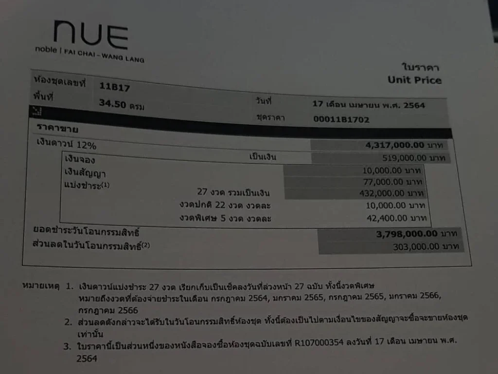 ขายคอนโด ขายดาวน์ Nue Noble แยกไฟฉาย-วังหลัง ขนาด 345 ขนาด 2 ห้องนอน ชั้น 11