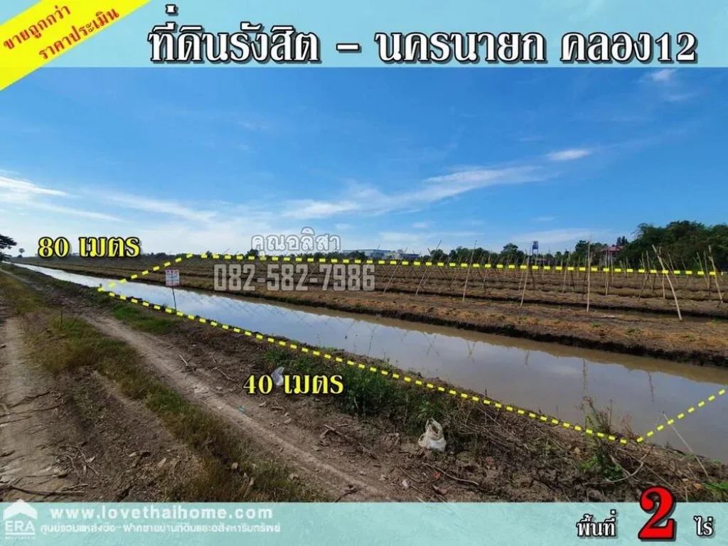 ขายที่ดินรังสิต-นครนายก คลอง12 พื้นที่2ไร่ ขายถูกมาก ขายต่ำกว่าราคาประเมิน ที่ดินรูปแปลงสี่เหลี่ยมสวยเข้าซอยเพียง 140 เมตร