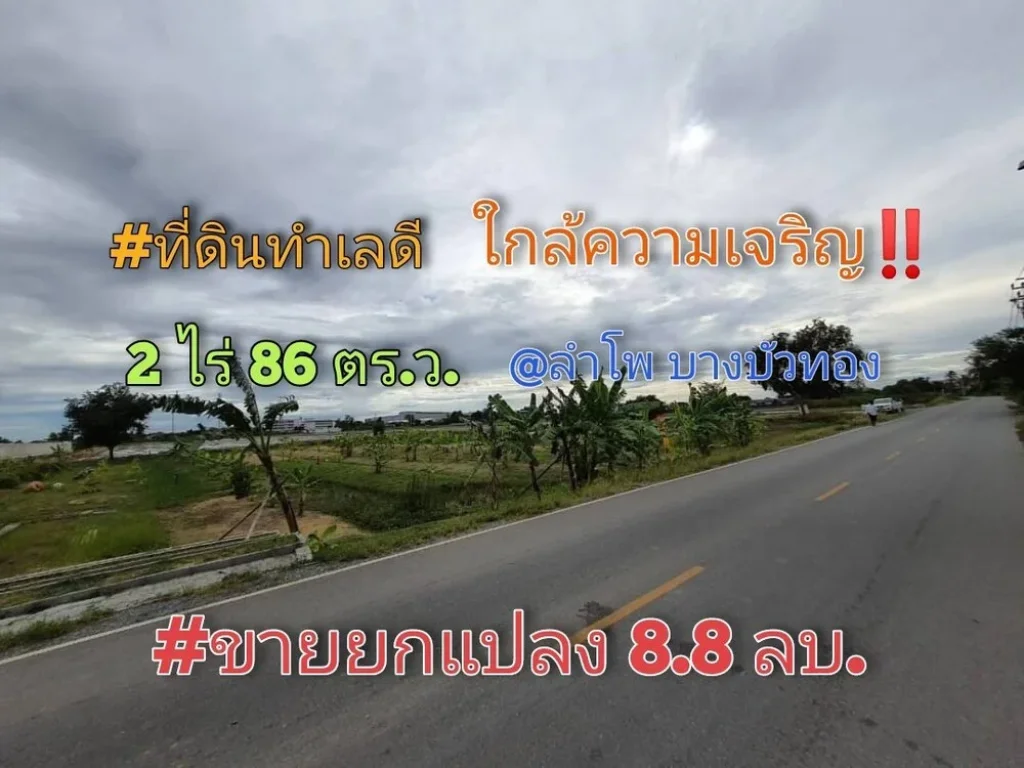 ขายถูกที่ดินลำโพ 2 ไร่ 86 ตารางวา ติดถนนลาดยาง ทำเลดีมีอนาคต อบางบัวทอง จนนทบุรี