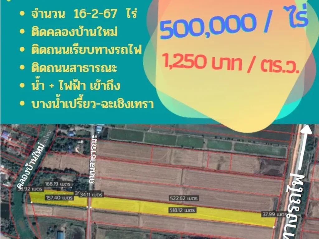 ขาย ที่ดิน ฉะเชิงเทรา บางน้ำเปรี้ยว 16-2-67 - ติดคลองบ้านใหม่ ติดถนนเรียบทางรถไฟ ซอยบางขวัญ 17