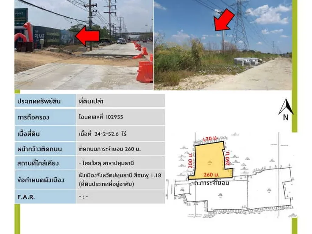 ขายที่ดินเปล่า ทำเลดี ติดถนนกรุงเทพ-ปทุมฯ ใกล้ 5 แยก บางคูวัด