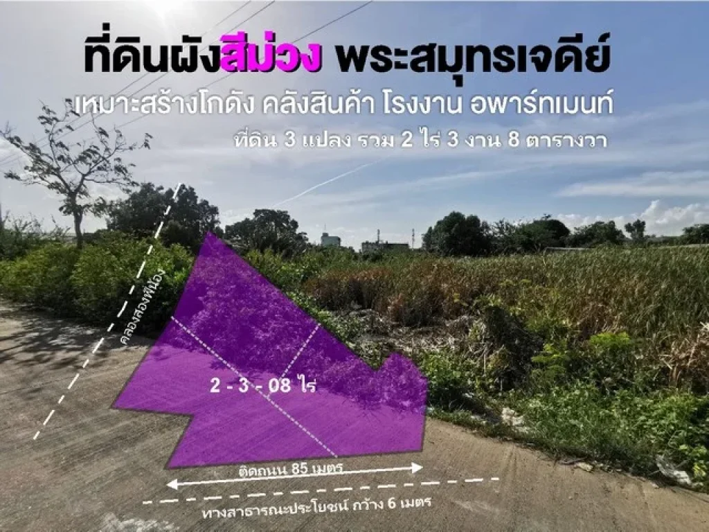 ขายที่ดิน 2ไร่ 3งาน ผังสีม่วง ราคาถูก ย่านประชาอุทิศ พระสมุทรเจดีย์ ถนนสุขสวัสดิ์ สมุทรปราการ