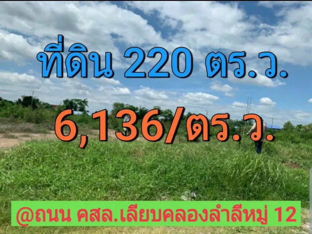 ขายที่ดินต่ำกว่าราคาตลาด 220 ตารางวา ถนน เลียบคลองลำลี หมู่ 12 อำเภอบางบัวทอง จังหวัด นนทบุรี