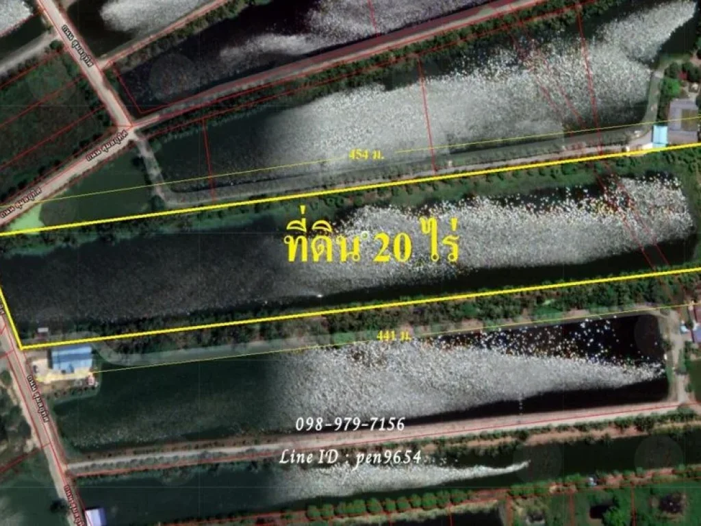 ขายที่ดิน 20 ไร่ ด้านหน้าติดถนน2เลน ด้านหลังติดคลองบางกระเทียม พื้นที่สีเขียว