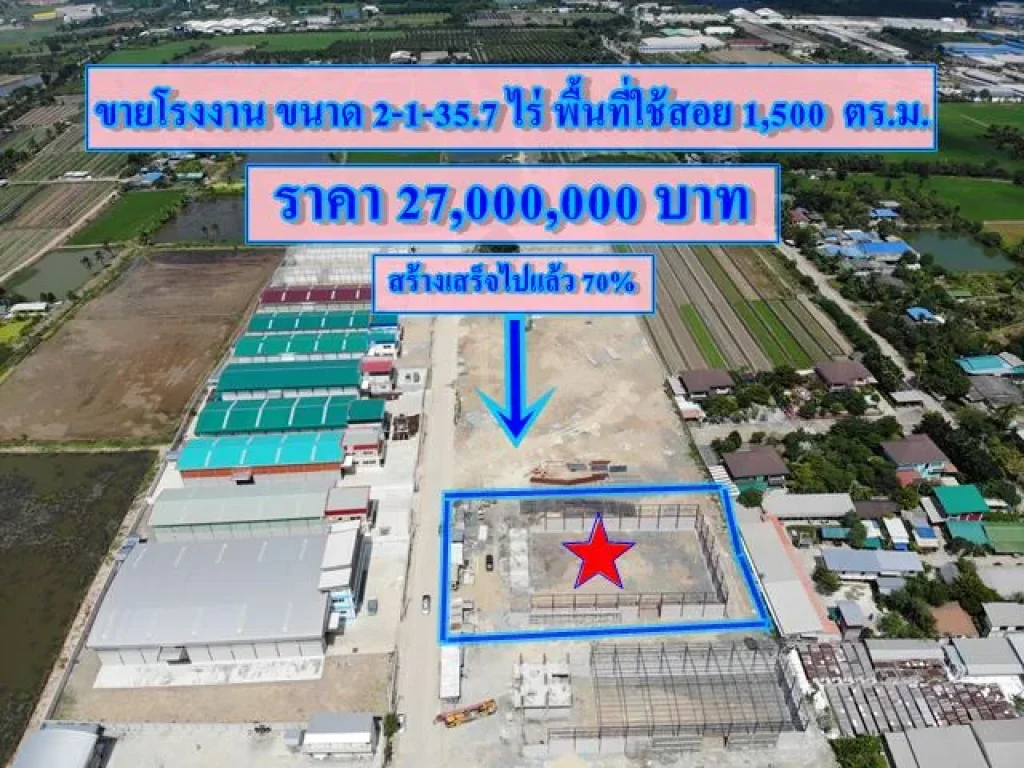 ขายโรงงานสร้างใหม่พร้อมใช้งานทันทีขนาด 2 ไร่กว่า พื้นที่ใช้สอย 1500 ตรม