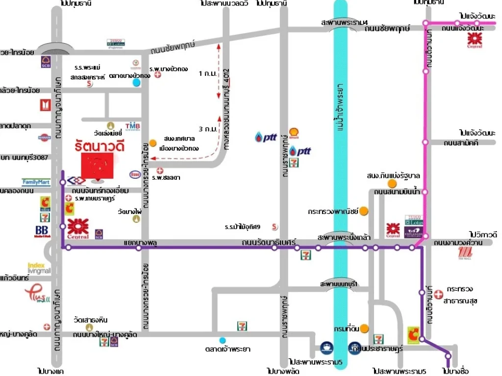 ทาวน์เฮ้าส์ หมู่บ้าน รัตนาวดี จันทร์ทองเอี่ยม บางบัวทอง ใกล้สถานีรถไฟฟ้า MRT