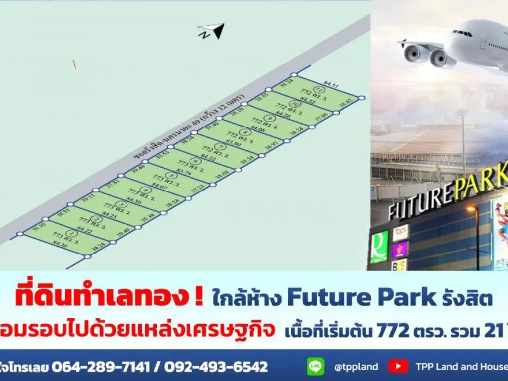 ขายที่ดินถมแล้วใกล้ห้างสรรพสินค้าฟิวเจอร์พาร์ครังสิต เนื้อที่เริ่มต้น 772 ตรว รวม 21 ไร่ ใกล้ถนนรังสิต-นครนายก 500 เมตร คุ้มค่าเหมาะแก่การลงทุน