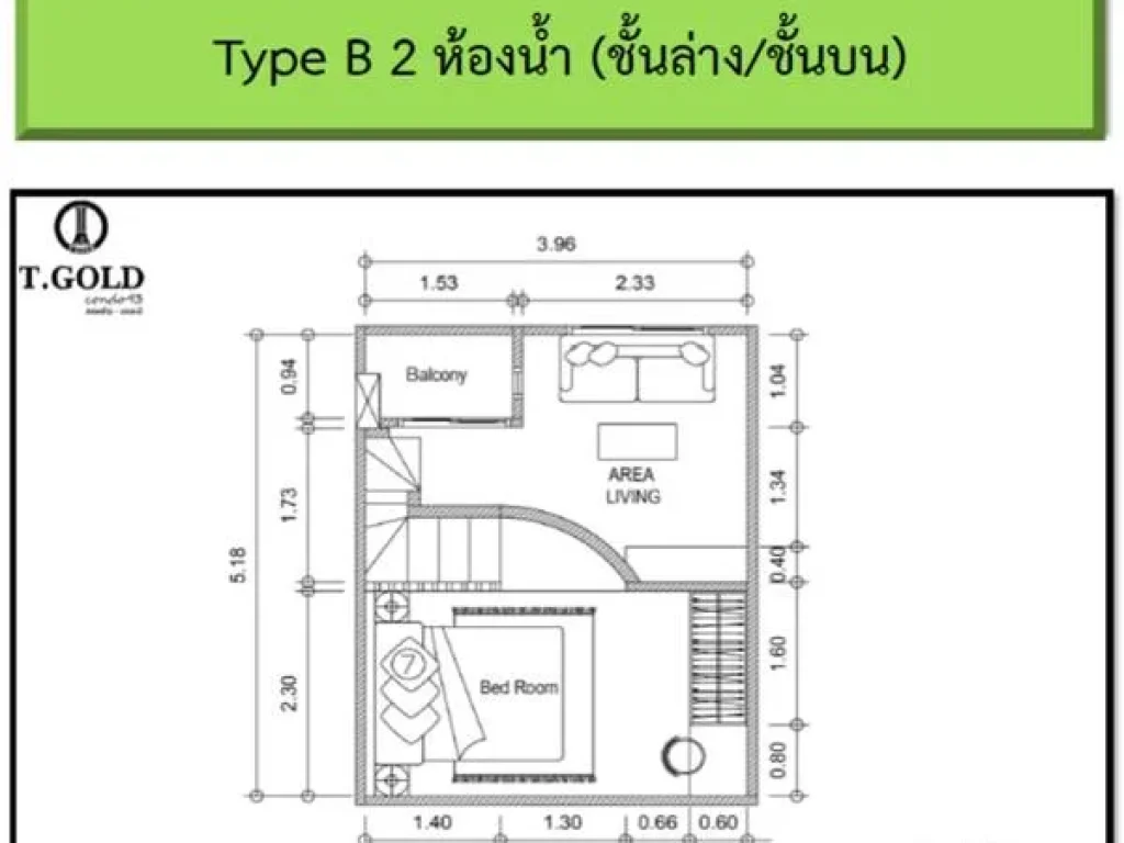 ขายคอนโดทีโกลด์ ลาดพร้าว 93 TGOLD CONDO 93 Type B 2 ห้องน้ำ 3093 ตรม