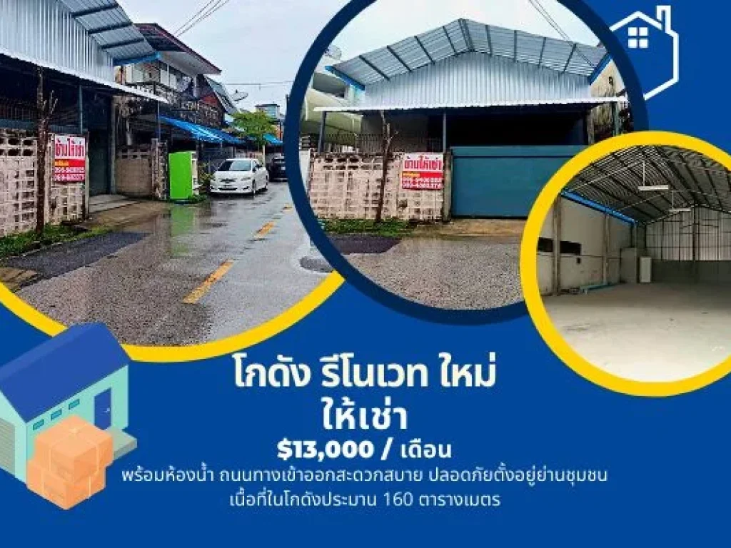 โกดัง Renovate ใหม่ พร้อมห้องน้ำให้เช่า13000เดือน