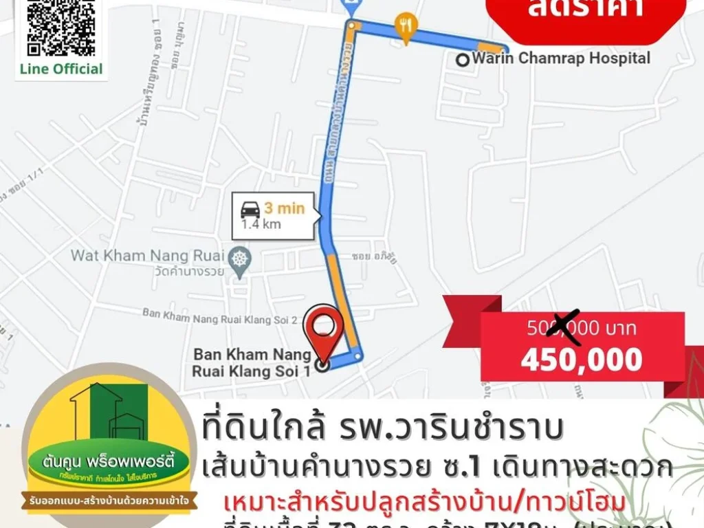 ลดราคา ขายที่ดินเส้นบ้านคำนางรวย ซ1 ใกล้ รพวารินชำราบ เนื้อที่ 32 ตรว