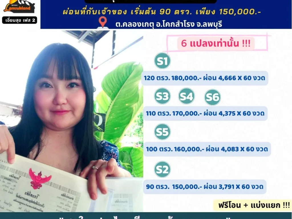 ที่ดินแบ่งขายเริ่มต้น 90 ตรว ราคามินิ ผ่อนสบายชิวๆ 60 งวด เริ่มต้นเพียง 3xxxเดือน โฉนดครุฑแดง ต คลองเกตุ อ โคกสำโรง จ ลพบุรี