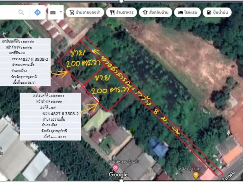 ขายที่ดินเปล่า 1 ไร่ ใกล้ตัวเมืองสุราษฎร์ฯ มี 2 แปลงๆ ละ 200 ตรวา