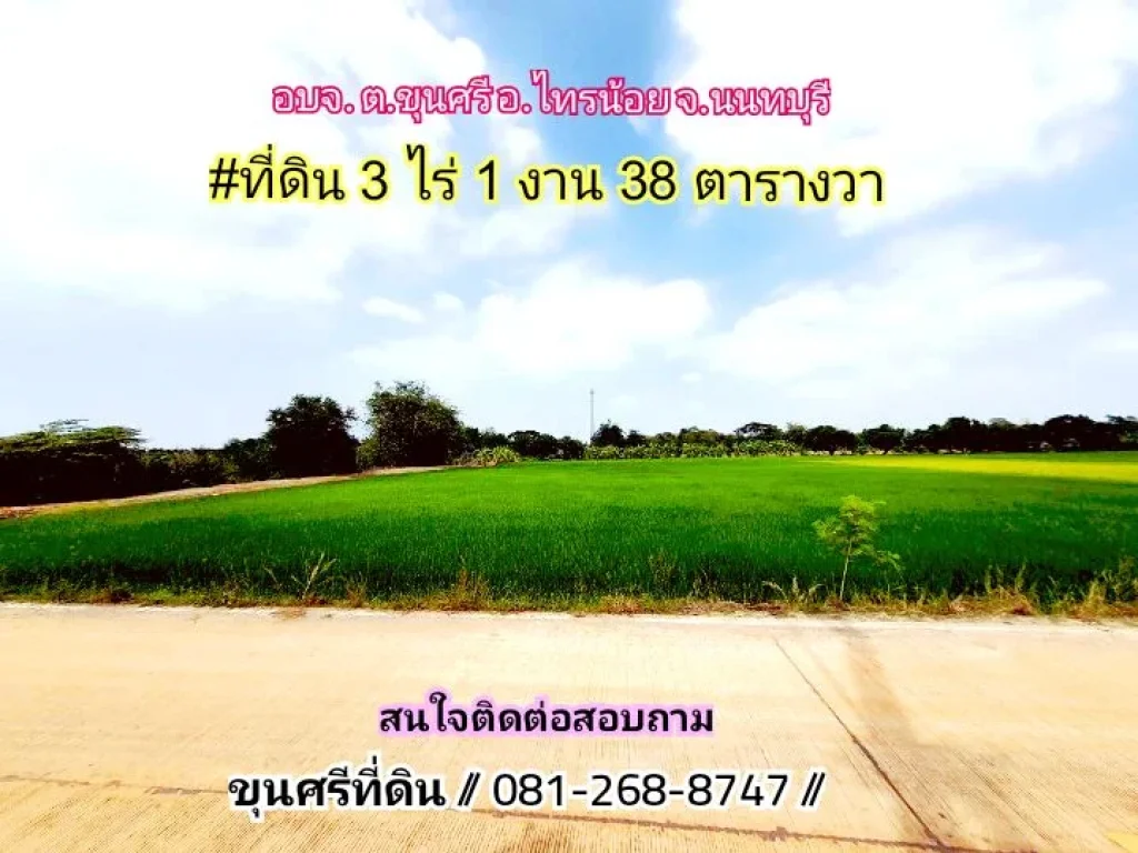 ขายด่วน ที่ดิน 3-1-38 ไร่ ปัจจุบันยังทำนาข้าว ติดถนนคอนกรีตสาธารณะ อไทรน้อย