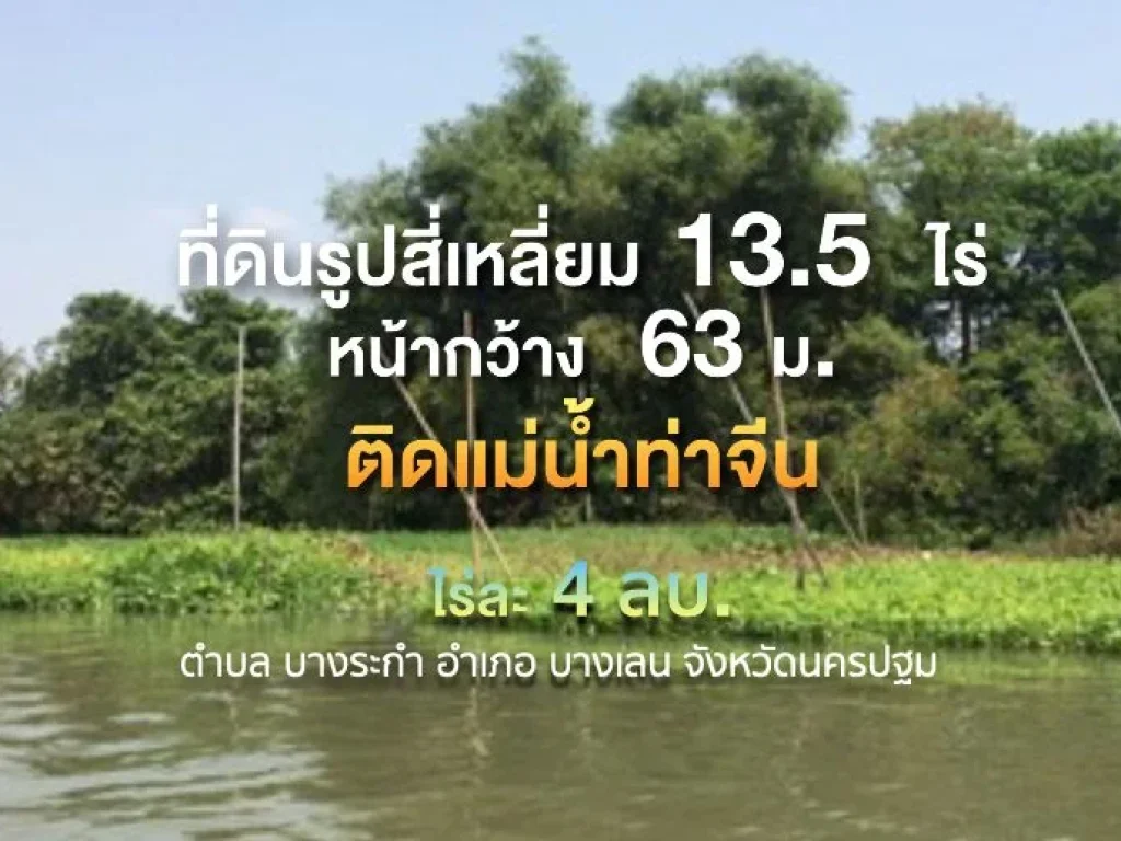 ที่ดินรูปสี่เหลี่ยม 135 ไร่ หน้ากว้าง 63 มริมแม่น้ำท่าจีน ติดเขต อนครชัยศรี