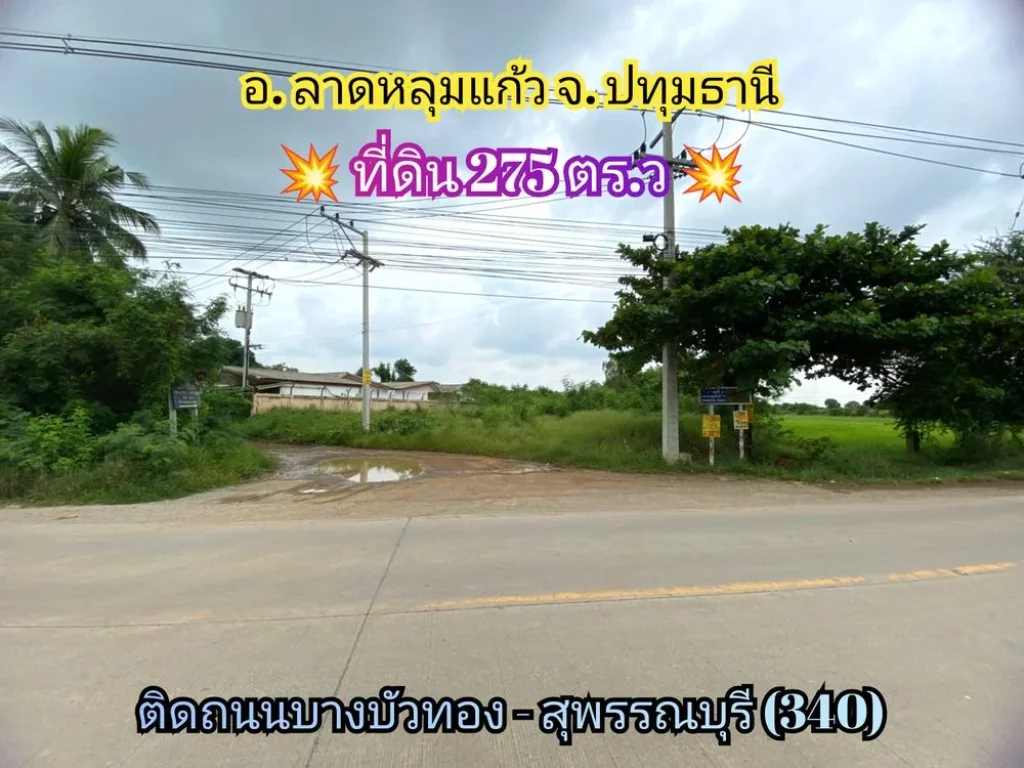 ขายที่ดิน 275 ตารางวาติดถนนบางบัวทอง-สุพรรณบุรี340 เยื้องโรงงานเถ้าแก่น้อยอลาดหลุมแก้ว