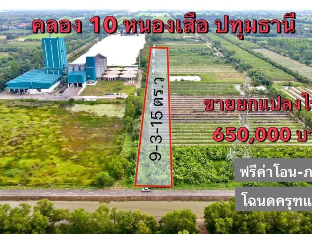 ขายที่ดินแปลงเกษตรถูกมาก คลอง 10 ขนาด 9 ไร่ 3 งาน 15 ตรว ติดคลอง ติดถนน หนองเสือ ปทุมธานี