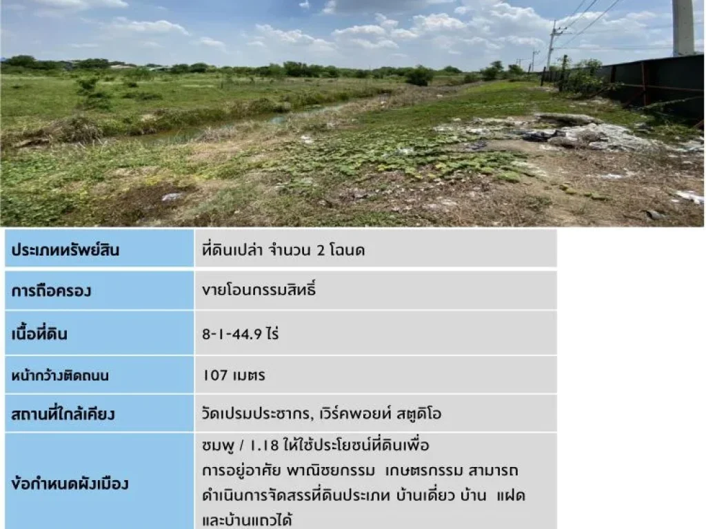 ขายที่ดินเปล่า รังสิต-เลียบคลองเปรม ปทุมธานี เนื้อที่ 8-1-449 ไร่ ผังสีมพู ไร่ละ 394 ล้าน ยกผืนรวม 33 ล้านบาท