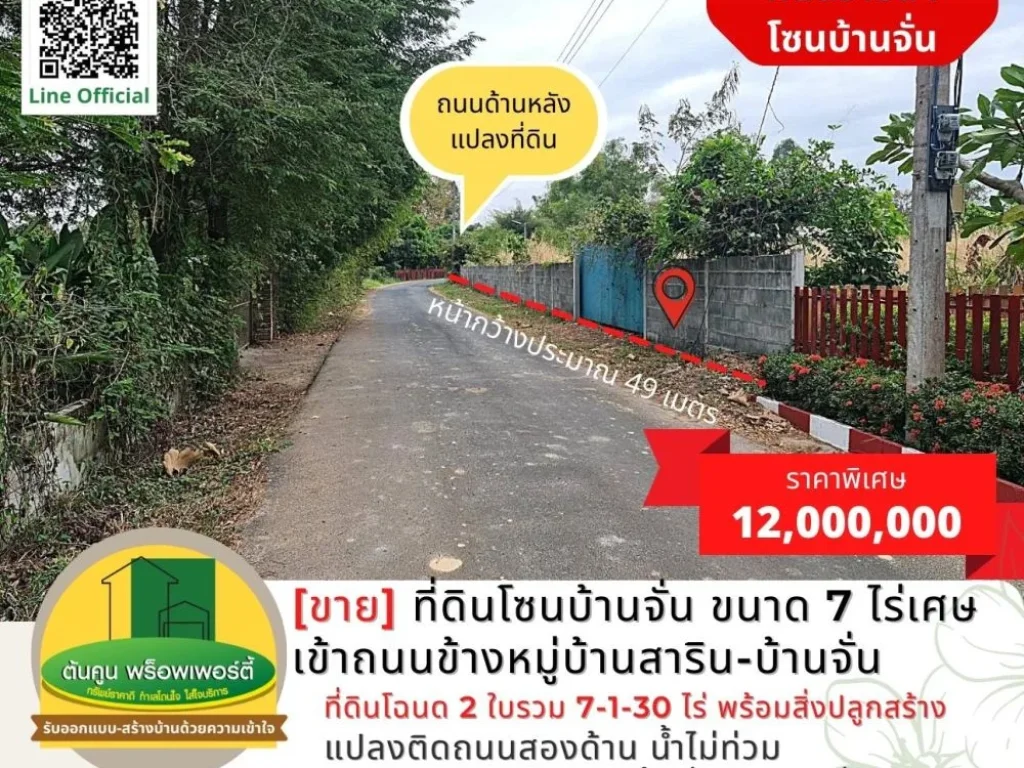 ขาย ที่ดินโซนบ้านจั่น ขนาด 7 ไร่เศษ เข้าถนนข้างหมู่บ้านสาริ