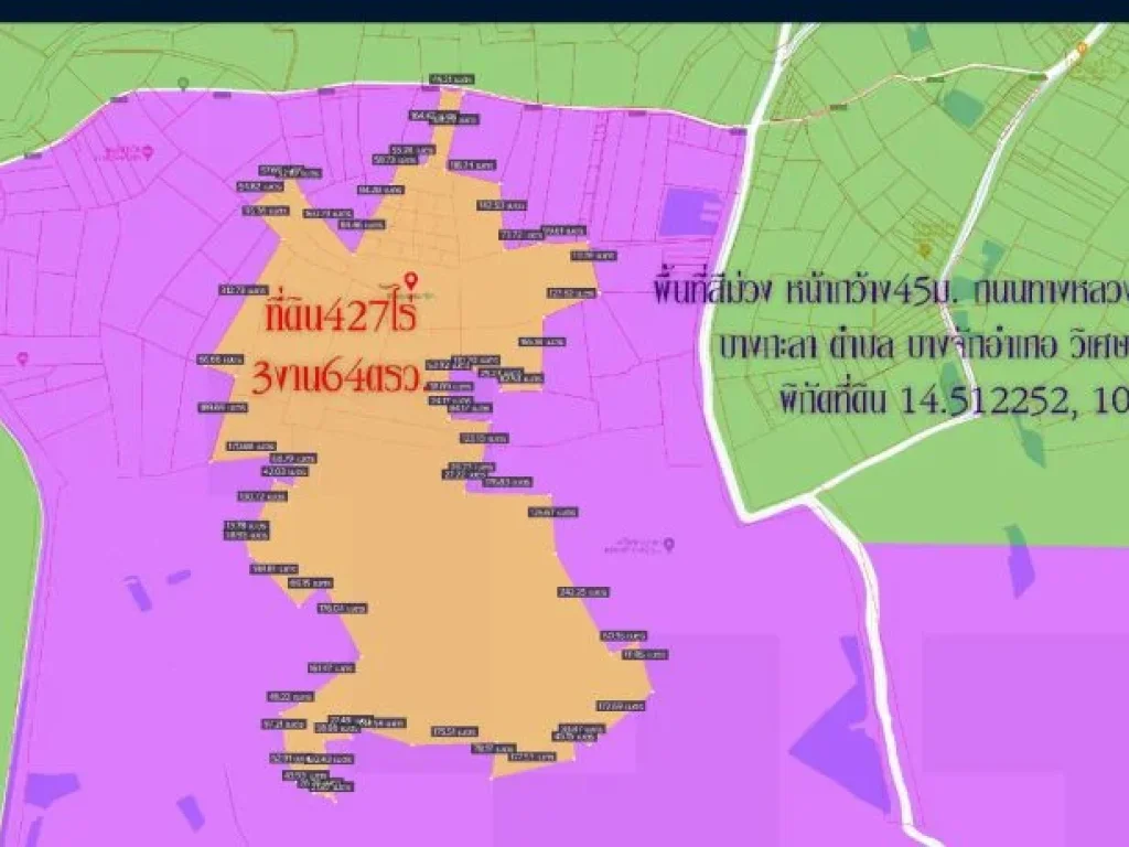 ขายที่ดิน427ไร่3งาน64ตรว พื้นที่สีม่วงเข้ม หน้ากว้าง45ม