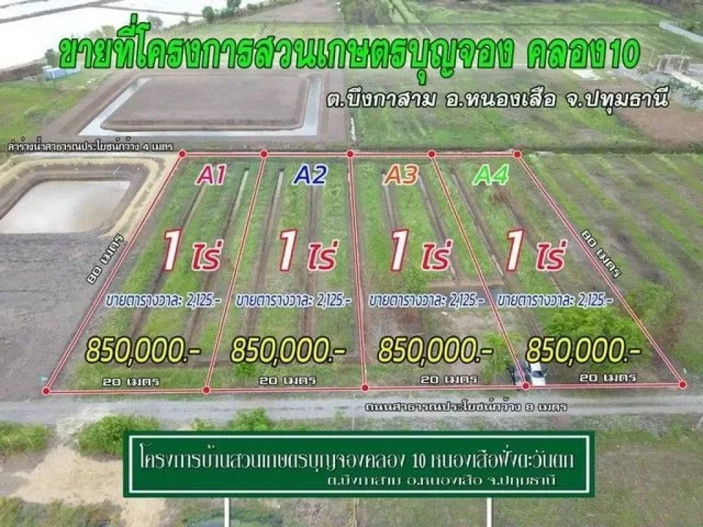 ที่ดินสวนเกษตรบุญจอง คลอง10 หนองเสือ ไร่ละ 850000 บาท