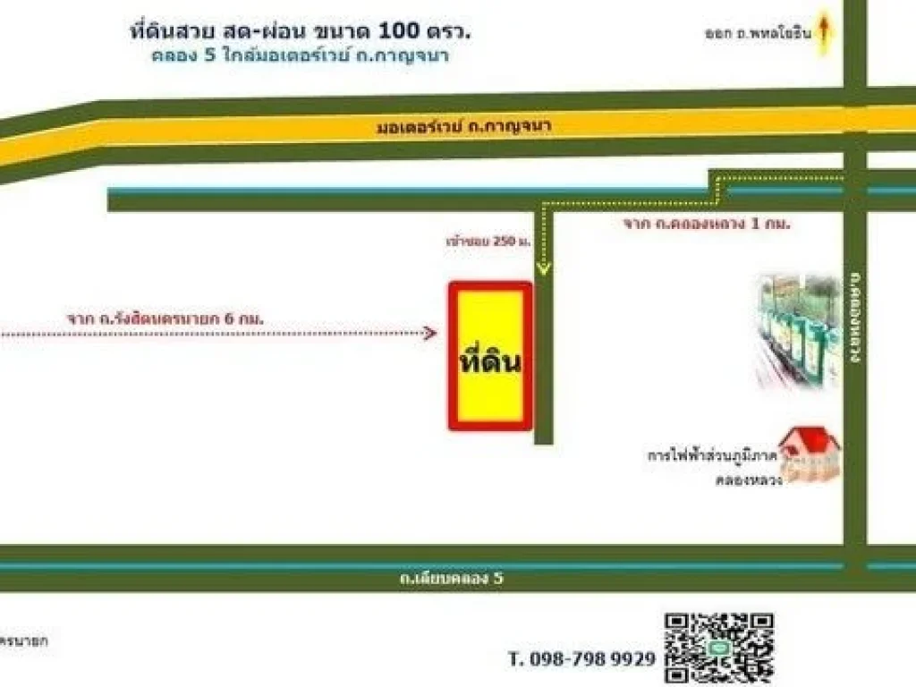 ที่ดินคลอง5 คลองหลวง ใกล้จุดขึ้นลงมอเตอร์เวย์ เพียง 1 กม