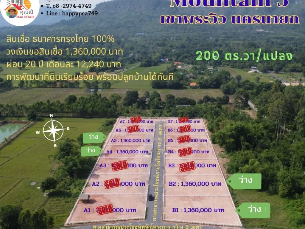 ขายที่ดินนครนายก ขนาด 200 ตรว พร้อมปลูกบ้าน วิวภูเขา เขาพระ