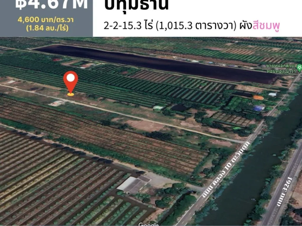 ที่ดินคลอง10 หนองเสือ ปทุมธานี ขนาด 2-2-153 ไร่ ผังสีชมพู