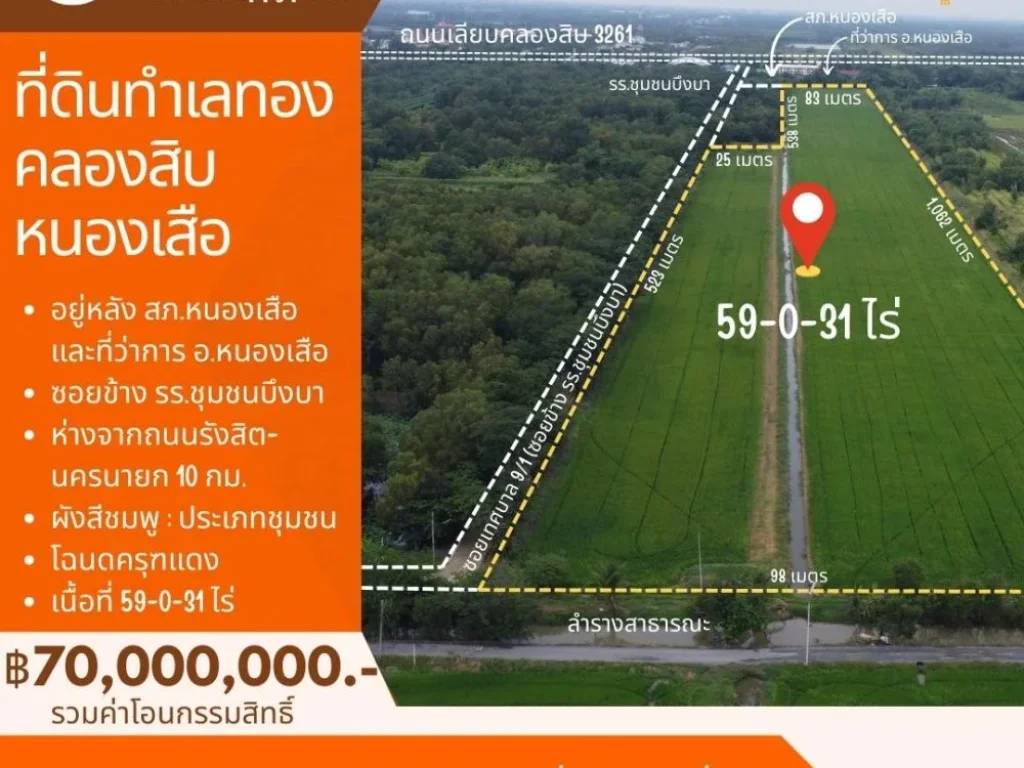 ที่ดินคลองสิบ หนองเสือ ปทุมธานี เนื้อที่ 59 ไร่ ผังสีชมพู