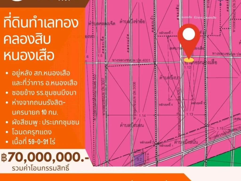 ที่ดินคลองสิบ หนองเสือ ปทุมธานี เนื้อที่ 59 ไร่ ผังสีชมพู