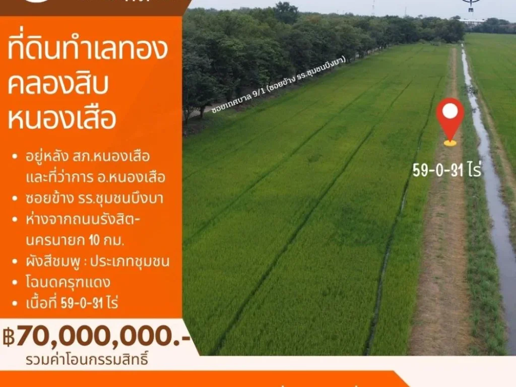 ที่ดินคลองสิบ หนองเสือ ปทุมธานี เนื้อที่ 59 ไร่ ผังสีชมพู