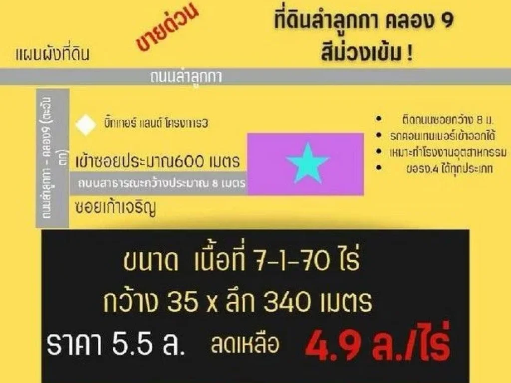 คลอง9 ผังสีม่วงเข้ม ลำลูกกา ปทุมธานี 7 ไร่ 170 ตรว