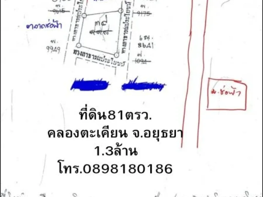 ขายที่ดิน 81ตรวตคลองตะเคียน จอยุธยาติดตลาดนัดช่อฟ้า