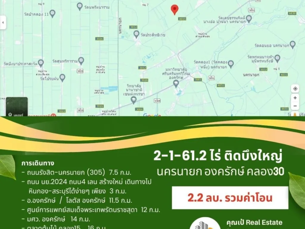 ลดราคา ที่ดินองครักษ์ นครนายก คลอง30 ขนาด 2-1-612 ไร่