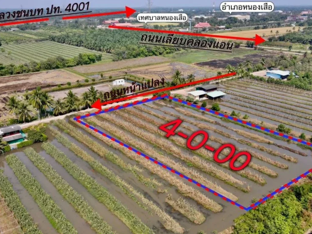 ขายที่ดินบึงบา 4 ไร่ คลอง9 ซอยขุนดี ใกล้เทศบาลหนองเสือและถนน