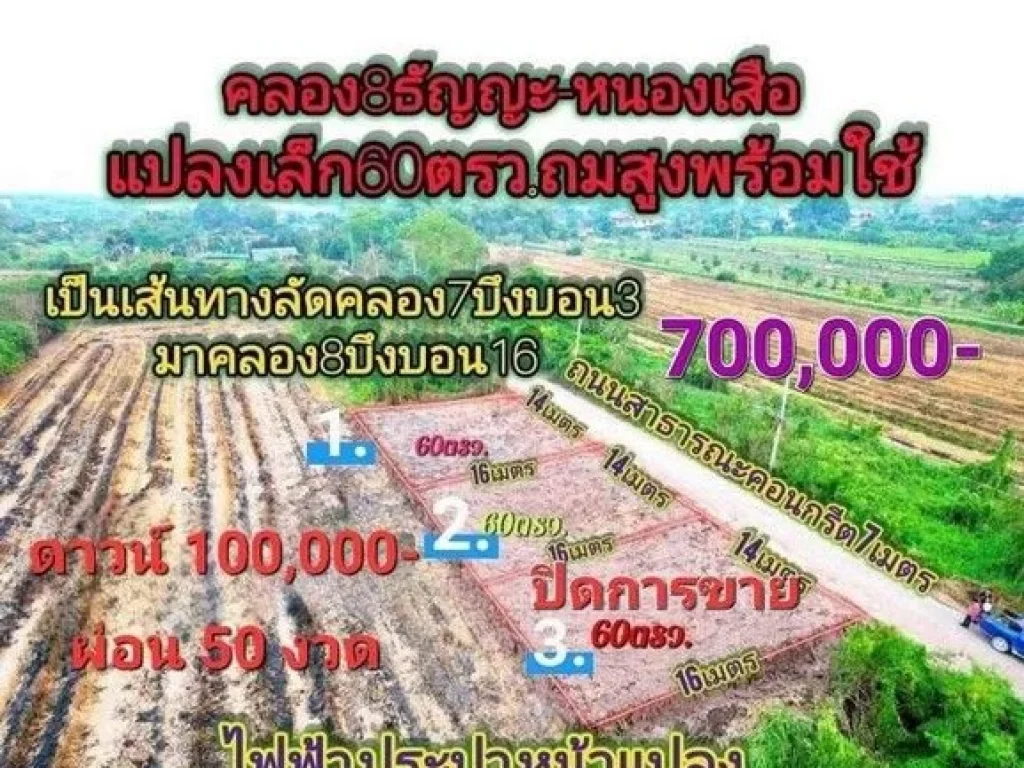 ขายที่ดินบึงบอน หนองเสือ ขนาด 60 ตรว น้ำและไฟมีพร้อม