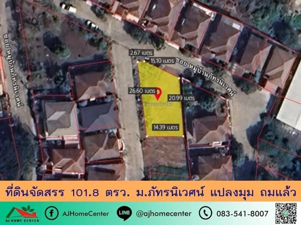 ขายที่ดินจัดสรร1018ตรว มภัทรนิเวศน์ บางคูวัด แปลงมุม