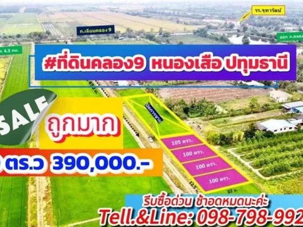 ที่ดินคลอง9 หนองเสือ ปทุมธานี 100 ตรว 390000