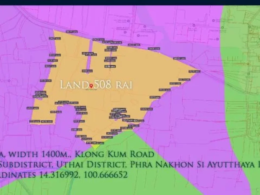 ที่ดิน508ไร่ พื้นที่สีม่วง หน้ากว้าง 1400ม ถนนเลียบคลองกุ่ม