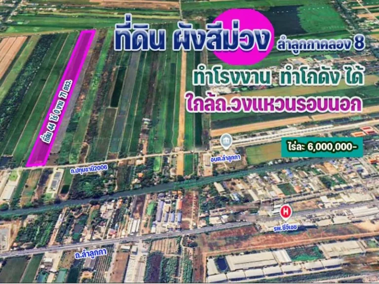 ขายที่ดิน 41 ไร่ ผังสีม่วง ลำลูกกาคลอง 8 ทำโรงงาน