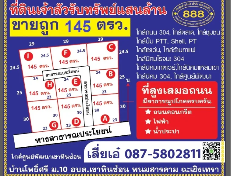 ขายที่ดิน 145 ตรวราคาถูก ใกล้ศูนย์พัฒนาเขาหินซ้อน ที่ตั้ง บ้านโพธิ์ครี ม10 อบตเขาหินซ้อน อพนมสารคาม จฉะเชิงเทรา เนื้อที่145 ตรว ราคา33แสน รา