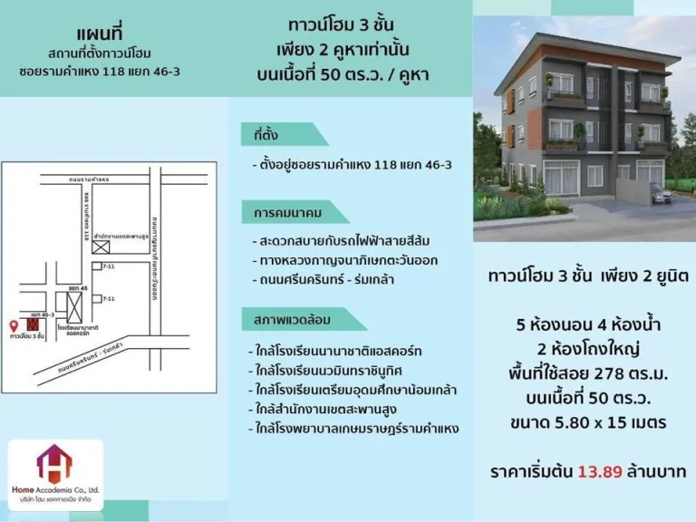 ขายทาวน์โฮม 3 ชั้น บ้านมือ 1 เหลือเพียง 2 คูหาเท่านั้น ซอยรามคำแหง 118 แยก 46-3