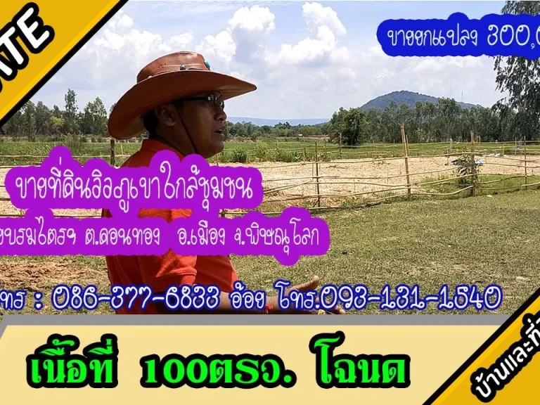 ขายที่ดิน 100ตรว วิวภูเขา ตดอนทอง อเมืองพิษณุโลก ขายยกแปลง 3 แสนบบาท