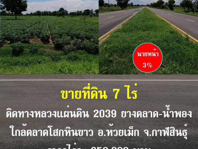 ขายที่ดินติดถนน4เลน 7 ไร่ ใกล้ตลาดสดของป่าดงระแนง ตกุดโดน อห้วยเม็ก