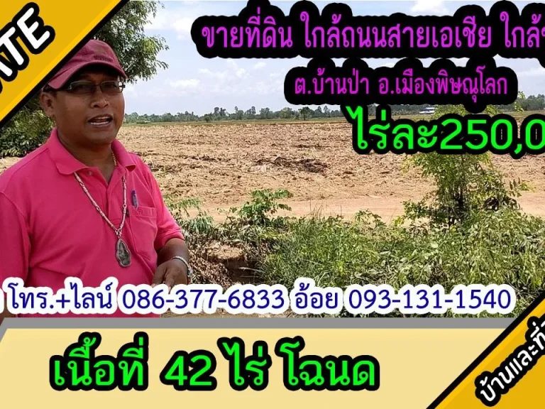 ขายที่ดินติดถนน ใกล้ถนนสายเอเชีย ติดคลอง เนื้อที่ 42ไร่ ตบ้านป่า อเมืองพิษณุโลก ไร่ละ 25แสน