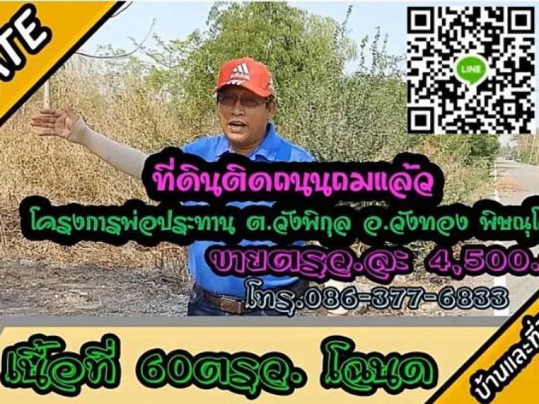 ขายที่ดินถมแล้ว ไฟฟ้า ประปา ผ่านหน้าแปลง 60ตรว วังพิกุล อวังทอง พิษณุโลก ตรวละ 4500-