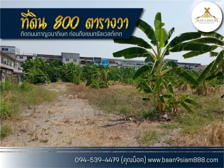 ที่ดิน 800 ตรว ติดถนนกาญนาภิเษก -ใกล้สถานีรถไฟฟ้าสีม่วง