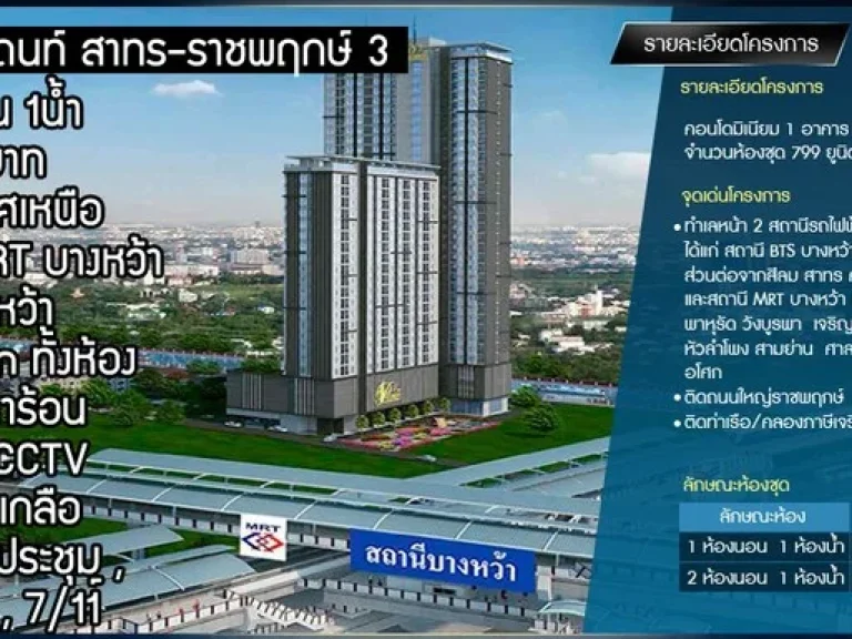 คอนโด เดอะ เพรสซิเดนท์ สาทร-ราชพฤกษ์ 3 ชั้น 6 วิวสระว่ายน้ำ ตกแต่งครบพร้อมเข้าอยู่ ขนาด 30 ตรม