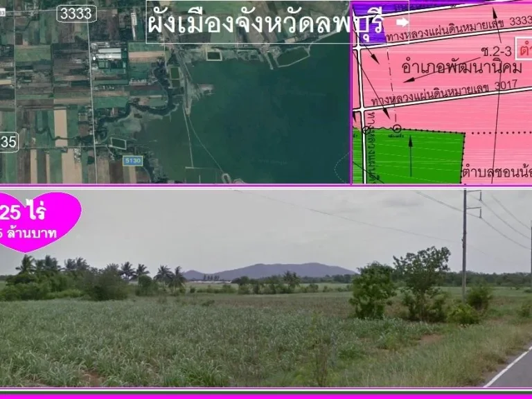 ที่ดินติดถนนใหญ่ 3335 ผังเมืองสีชมพู โฉนด 25 ไร่ ขาย 5000000 บาท ใกล้เขื่อนป่าสักฯ 2 กม